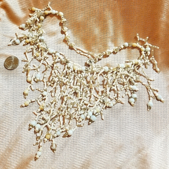 VTG Glass Bead Fringe Bib Necklace - Picture 3 of 6